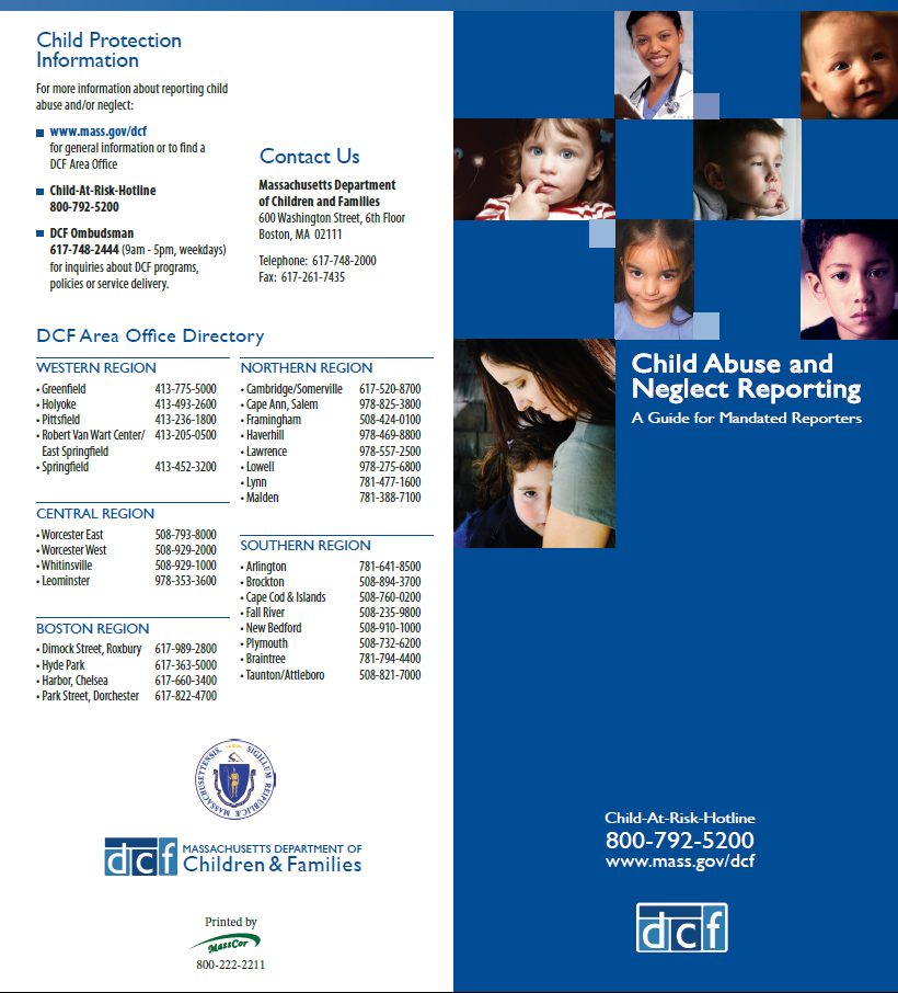 The front page of a DCF brochure on child abuse and neglect reporting